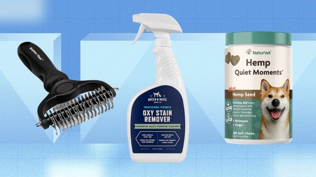 Various pet care products are displayed against a blue background.