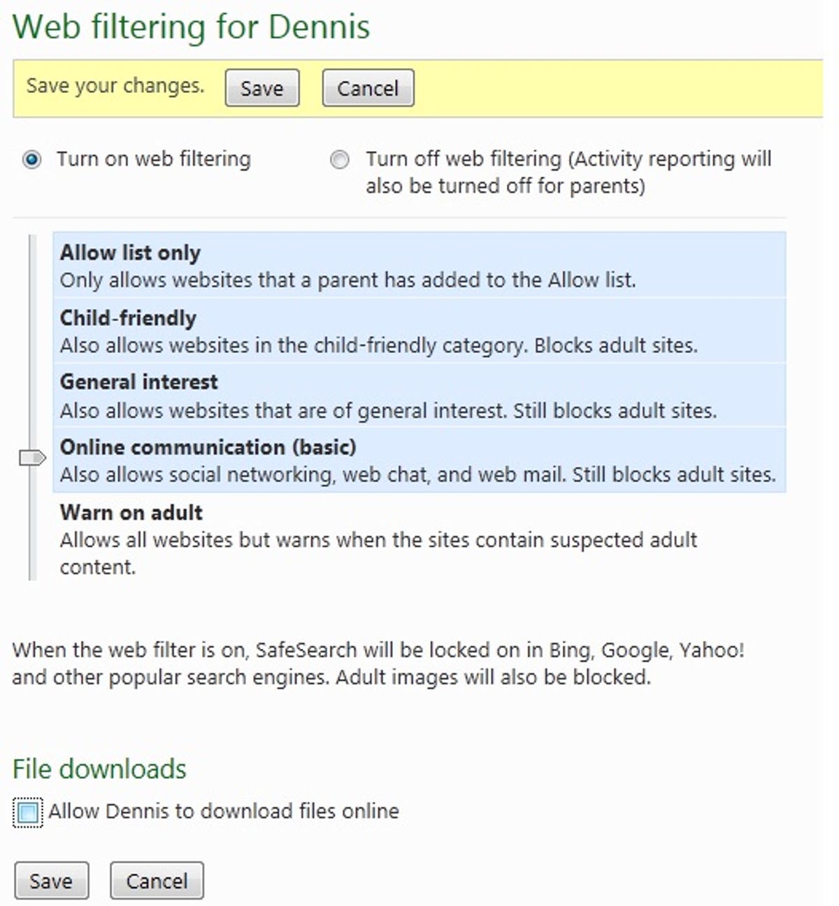 Windows Live Family Safety Web-filtering options