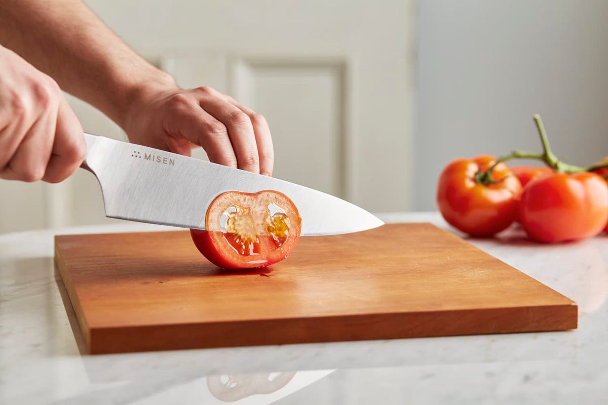 misen chef knife slicing tomato