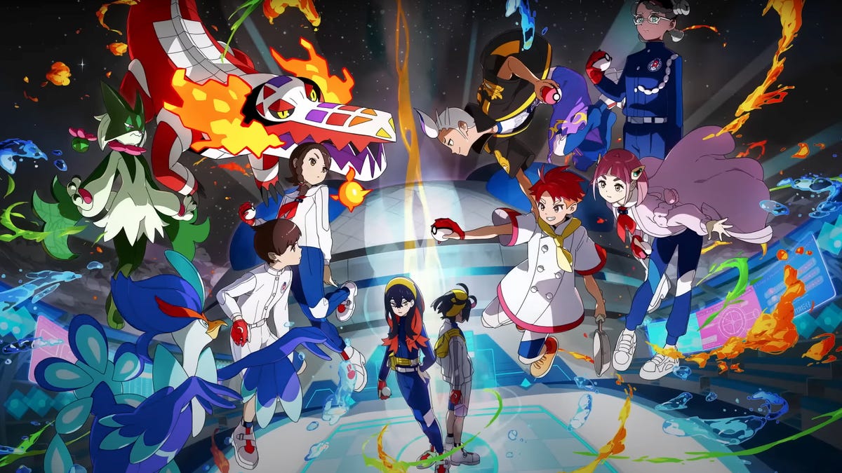 Pokemon and their trainers clash in Pokemon Scarlet and Violet The Indigo Disk art
