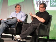 LinkedIn founder Reid Hoffman (right) talked with TechCrunch founder Michael Arrington at TechCrunch Disrupt in San Francisco today.