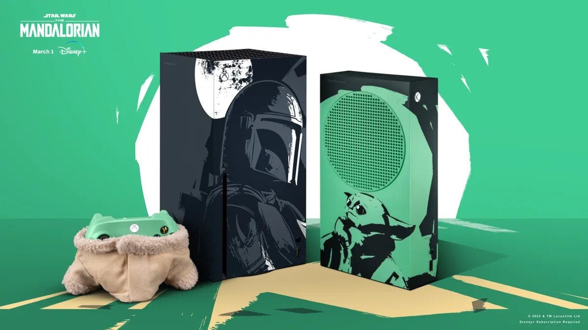 The Mandalorian Xbox Series X and S consoles against a green and white background