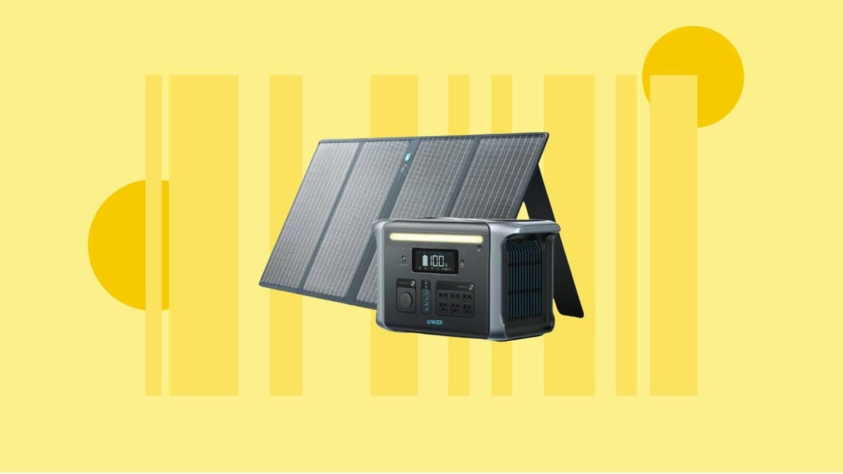 The Anker Solix F1200 portable power station, the PowerHouse 757, and a solar panel are displayed against a yellow background.