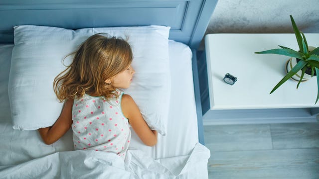 A young girl is sleeping next to an alarm clock and a house plant