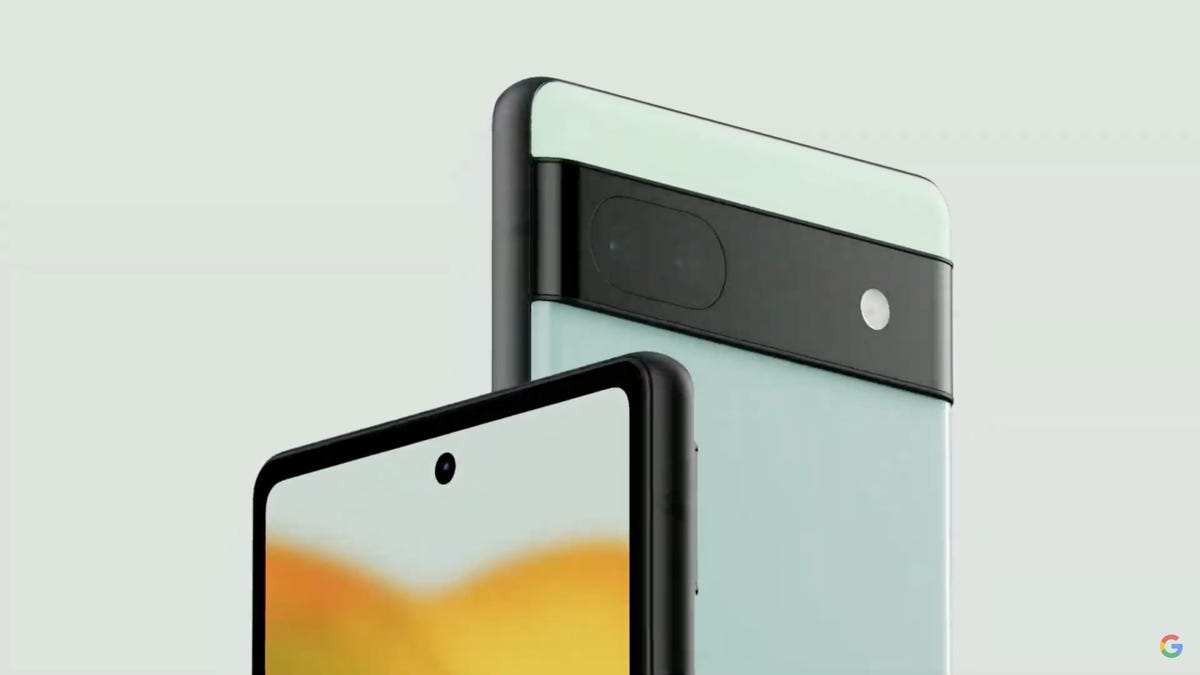 Front and back zoomed views of the Google Pixel 6A phone.