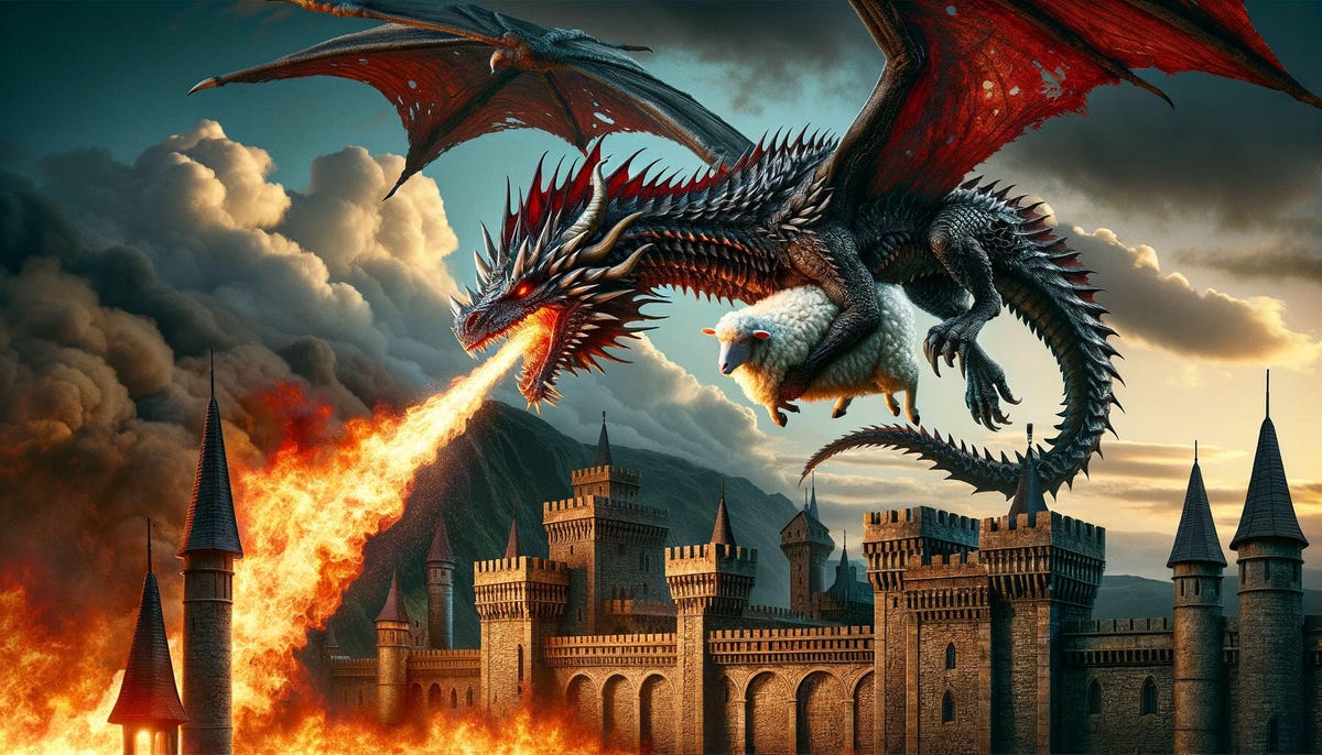 An AI-generated image of a fire-breathing dragon flying over a castle, cradling a sheep in its forelegs.