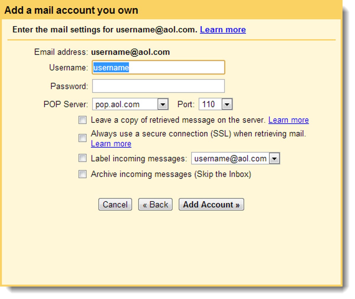 Gmail POP3 import settings