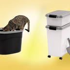 A litter box and a pet food storage option are both displayed against a yellow background.