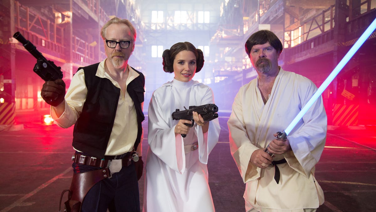 Look out, Darth Vader! Adam "Solo" Savage, Princess Sophia Bush, and Jedi Jamie Hyneman are ready for action in the "MythBusters Star Wars Special," airing January 4 on the Discovery Channel.