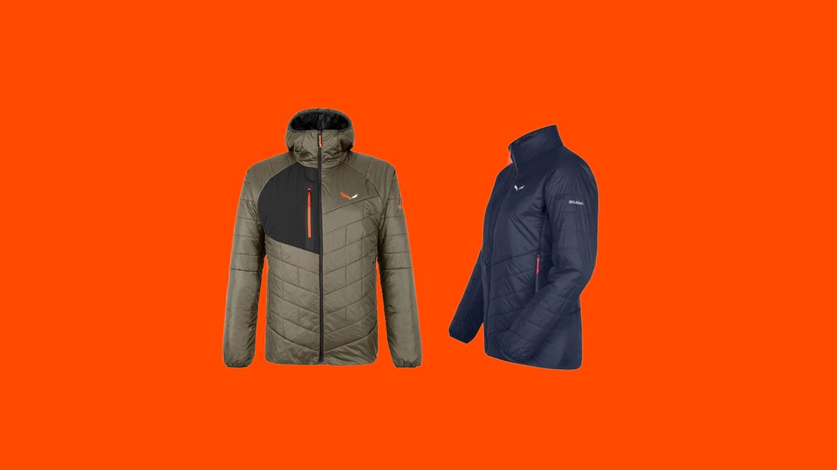 Two hiking jackets on an orange background