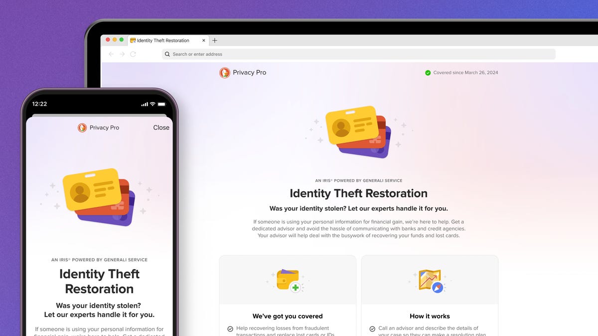 A smartphone and a laptop showing DuckDuckGo's Identity Theft Restoration menu