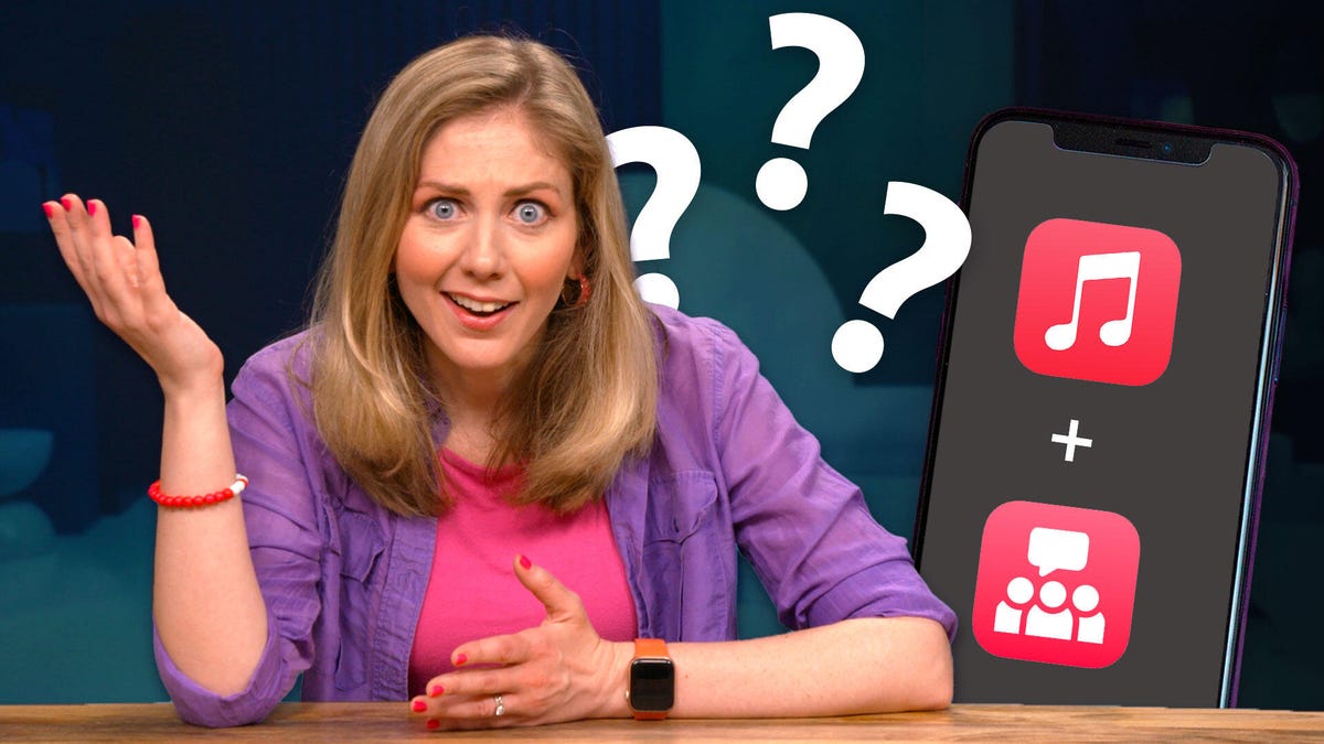 Bridget Carey looking puzzled with question marks and the Apple Music logo