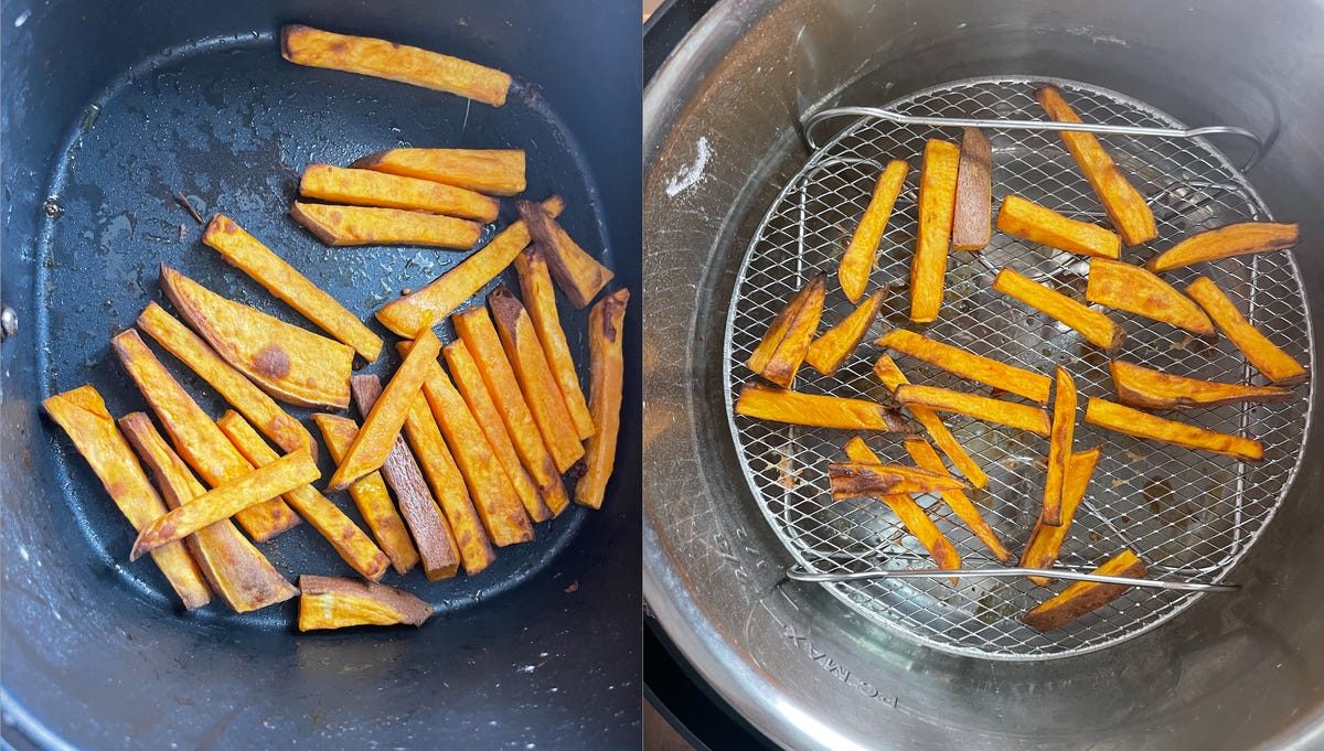 split screen of fries cooked in solo air fryer and Instant Pot