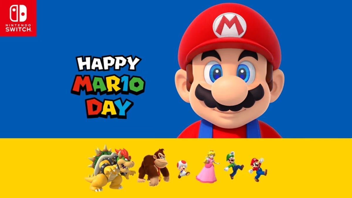 Mario, Luigi, Bowser and other characters against a blue and yellow background with text reading "Happy Mar10 Day"