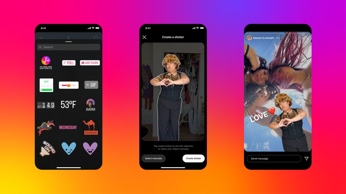 three phones showcasing how the new cutout stickers look on Instagram stories