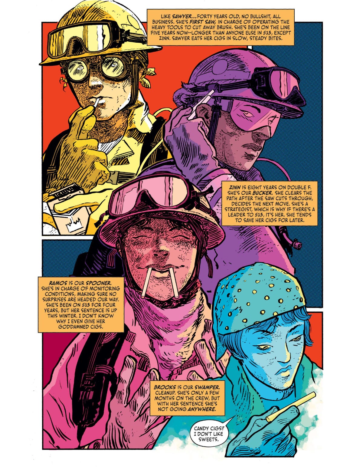 Comic page closeups of four women