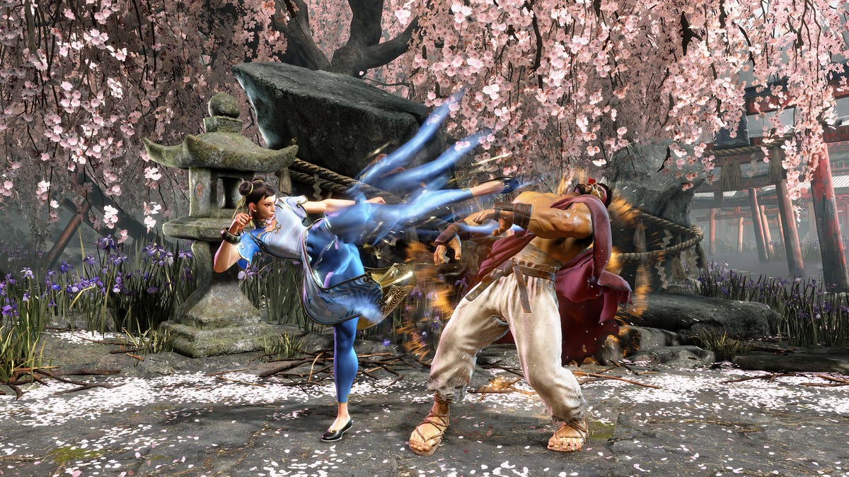 Action scene from Street Fighter 6, under cherry blossoms