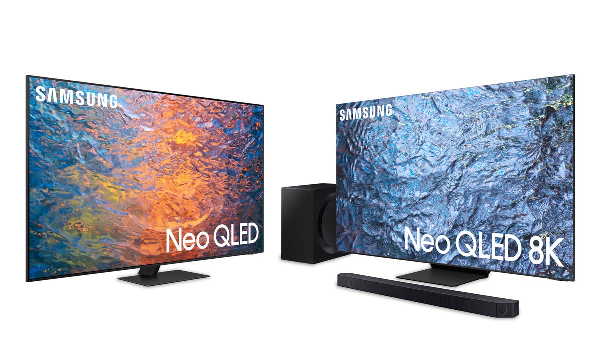 two Samsung Neo QLED TVs, one with a soundbar and subwoofer