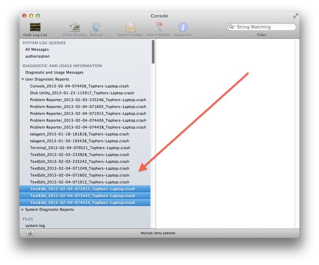 Multi-file selection in the OS X Console