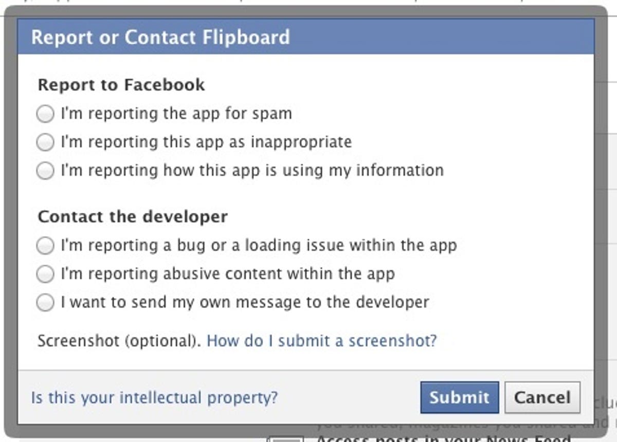 Report app options for Facebook apps