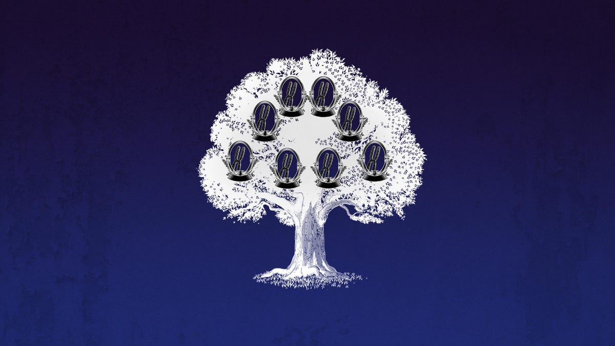 A family tree with a chromosome in each family member's place.