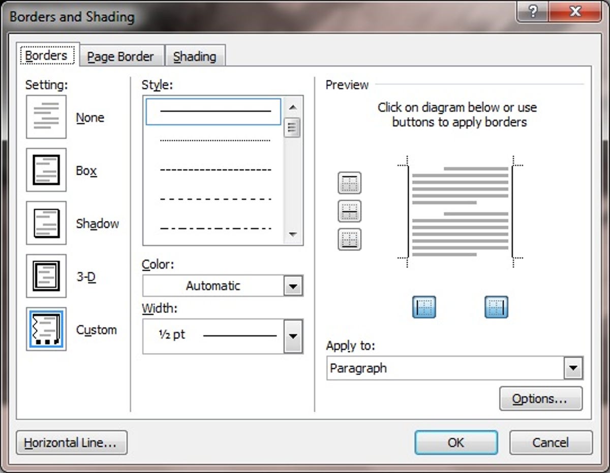 Microsoft Word 2010 Borders and Shading dialog box