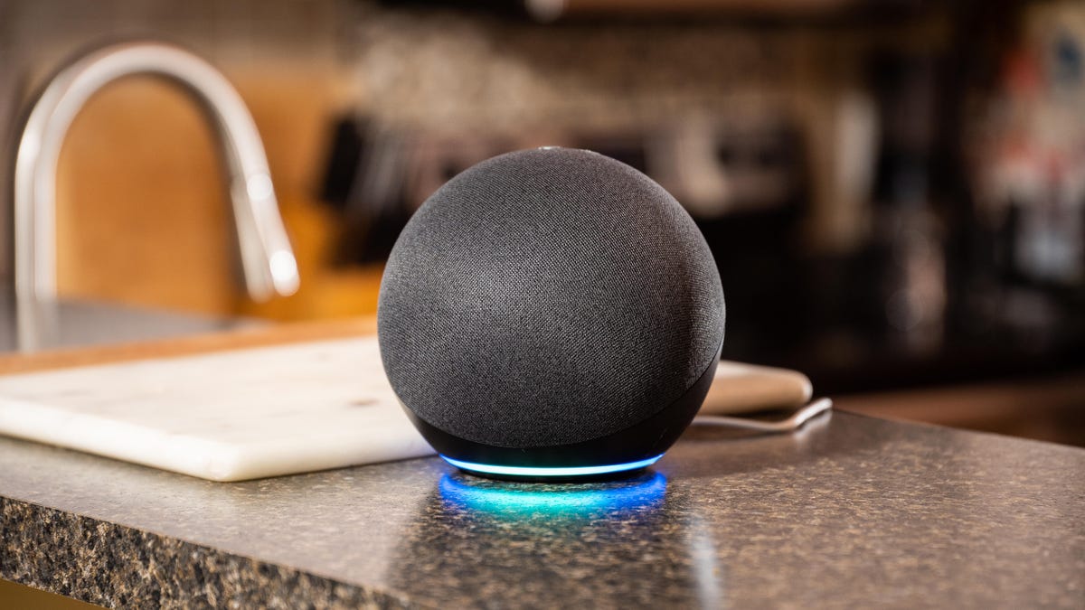 Amazon Echo 2020 sitting on a kitchen counter