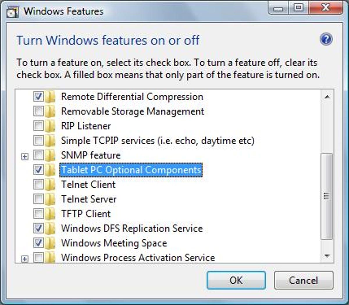 Windows Vista's "Turn Windows features on or off" dialog box