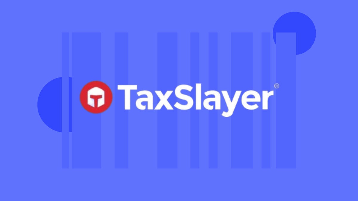 The TaxSlayer logo is displayed against a blue background.