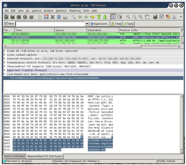 Wireshark capture of Zitmo forwarding an incoming SMS on an infected phone to a remote Web server.