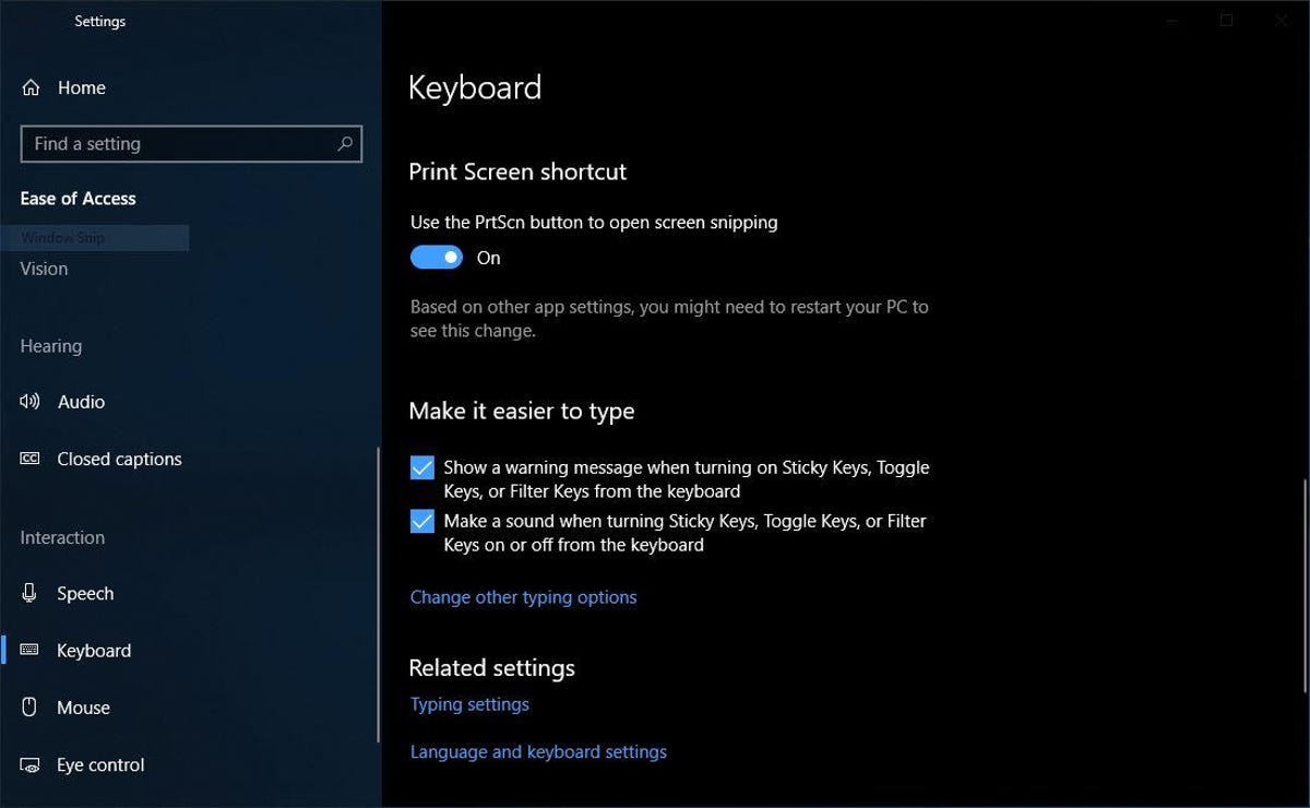 The print screen shortcut settings options in Windows