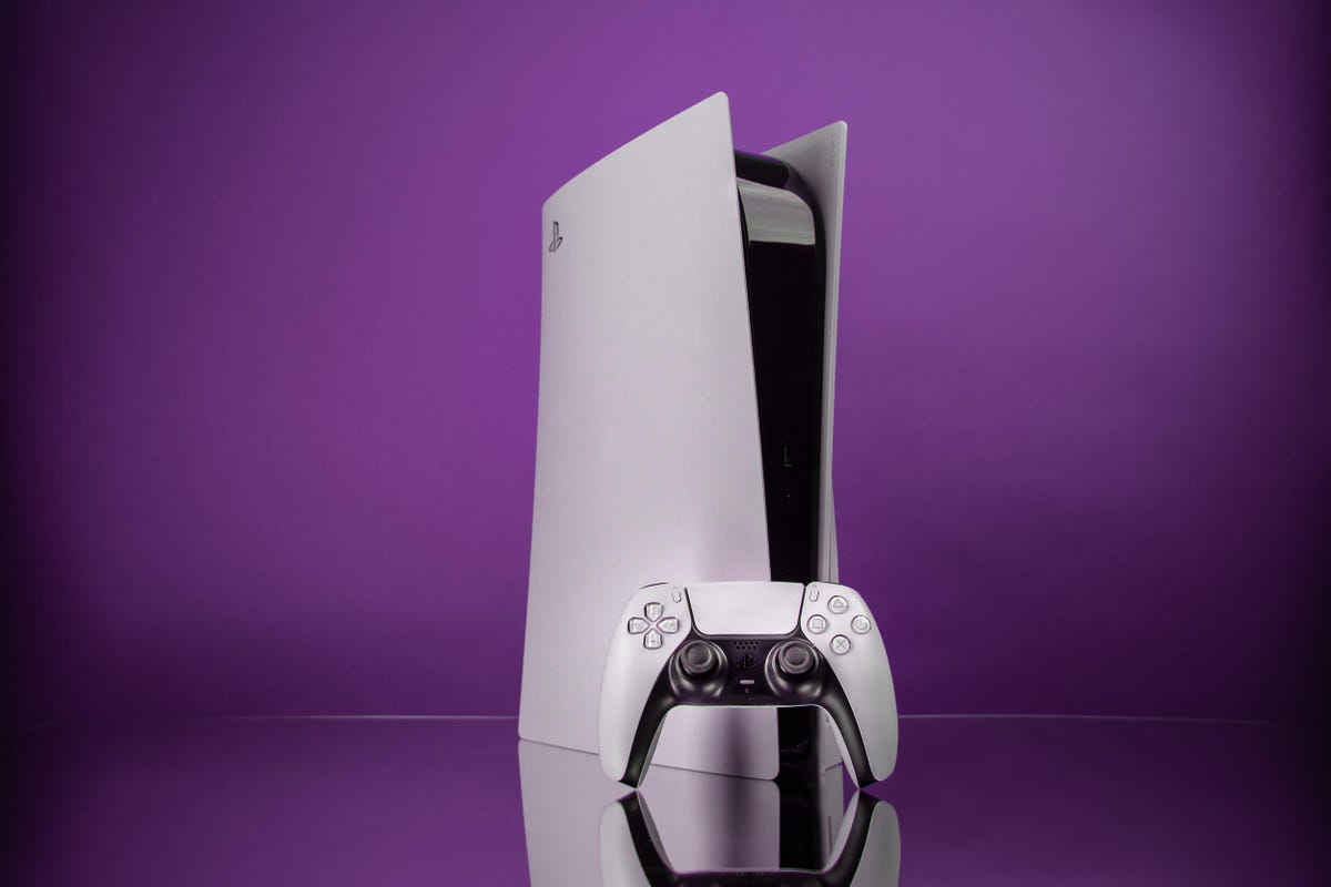 White PS5 on a purple background