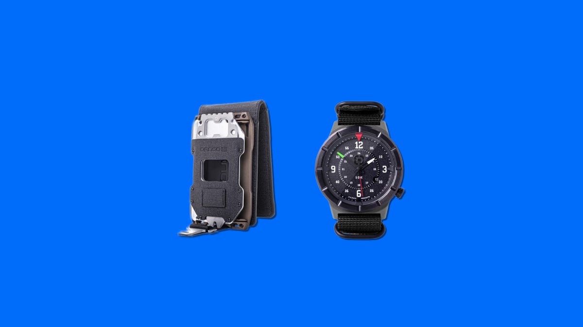 A Dango wallet and watch side by side on a blue background