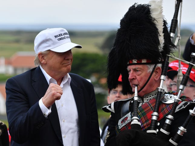 Presumptive Republican nominee for US president Donald Trump speaks as he reopens his Trump Turnberry Resort on June 24, 2016 in Ayr, Scotland.