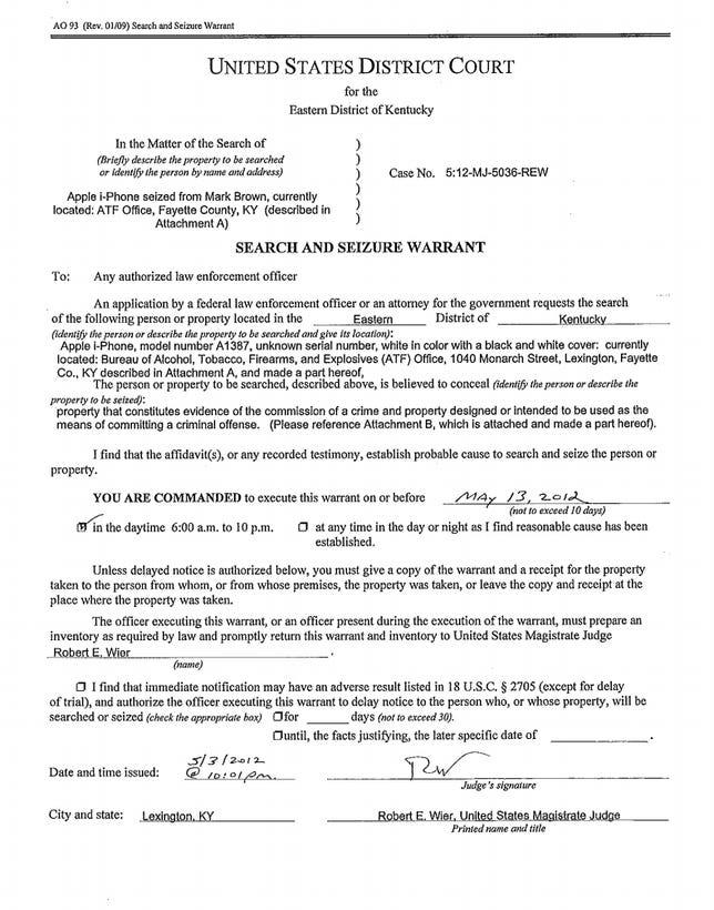ATF search warrant for the seized iPhone 4S, signed by a magistrate judge last year. Click for larger image.