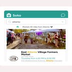 The soko app showcases an outdoor farmers market with people and situations