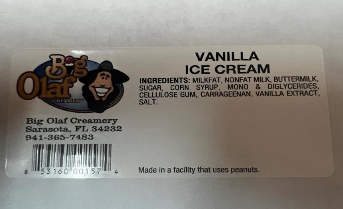 A Big Olaf ice cream label