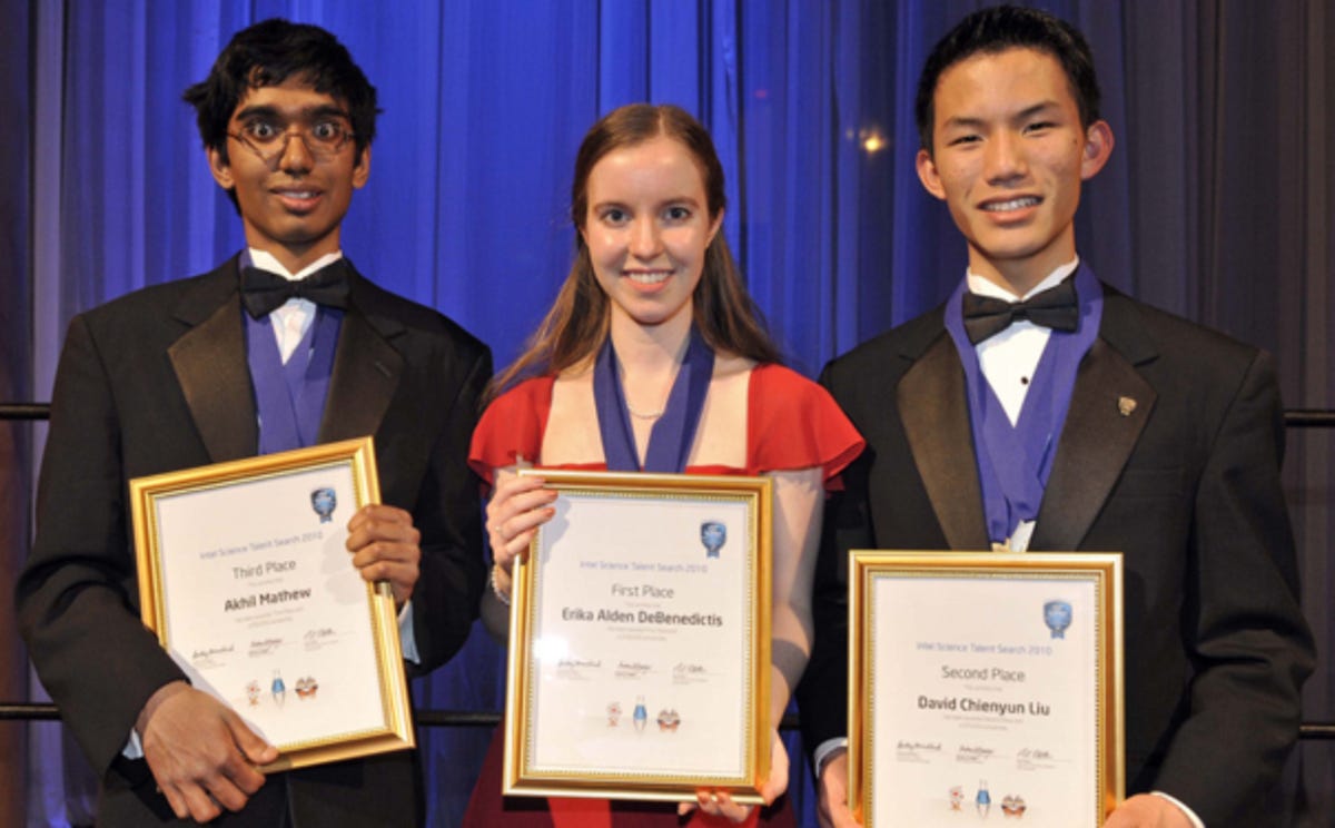The top three winners of the 2010 Intel Science Talent Search with top award winner Erika DeBenedictis in the middle, David Liu in second place on the right, and Akhil Mathew in third place on the left.