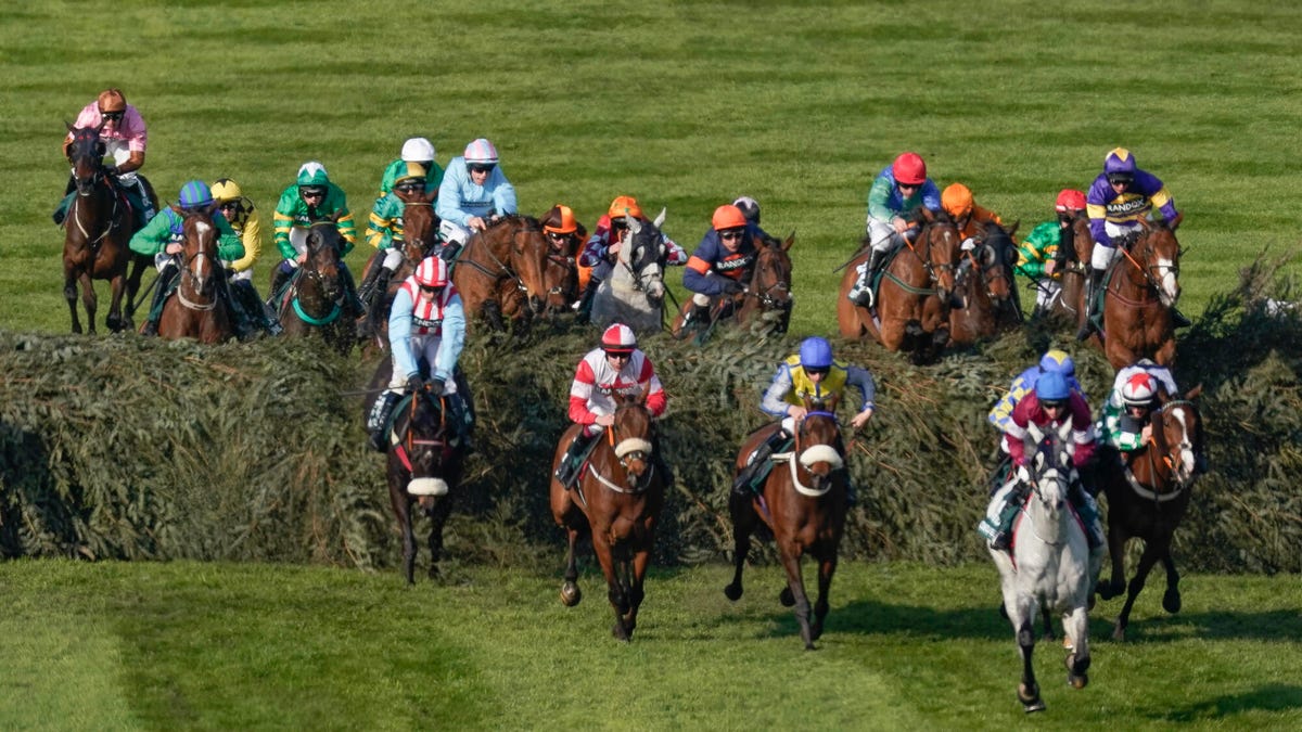Face-on image of several horses and the riders jumping the 