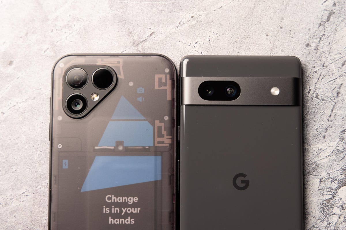 The Fairphone 5 next to the Pixel 7A