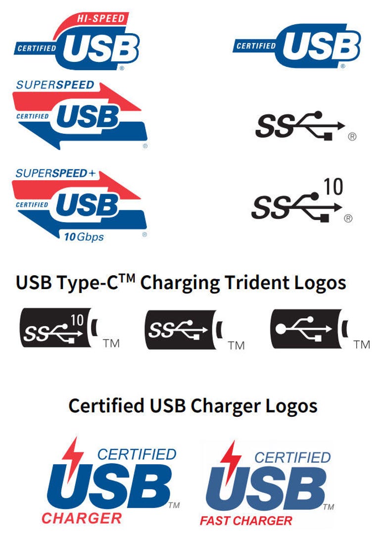There are plenty of USB logos to choose from to denote things like charging and data-transfer abilities, but they don't always appear on products.