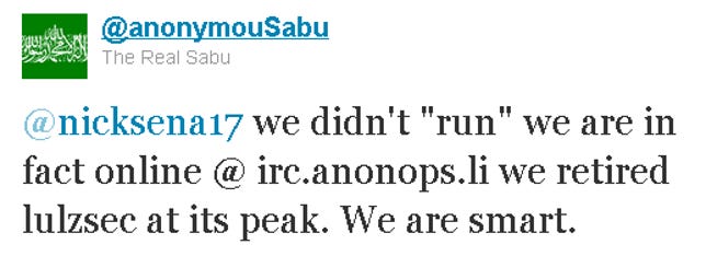 Purported member of LulzSec tweets that the group got out of the game while it was ahead.