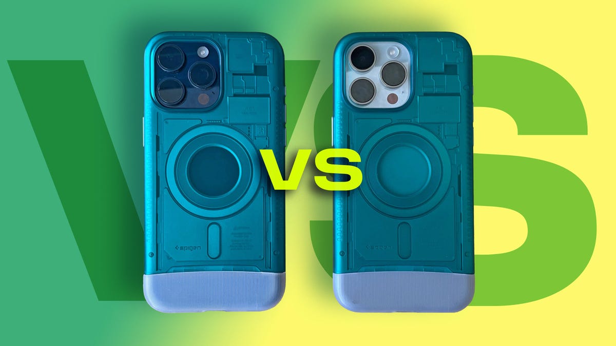 Dark and light blue iPhones with the same teal-colored case on a green-yellow gradient background.