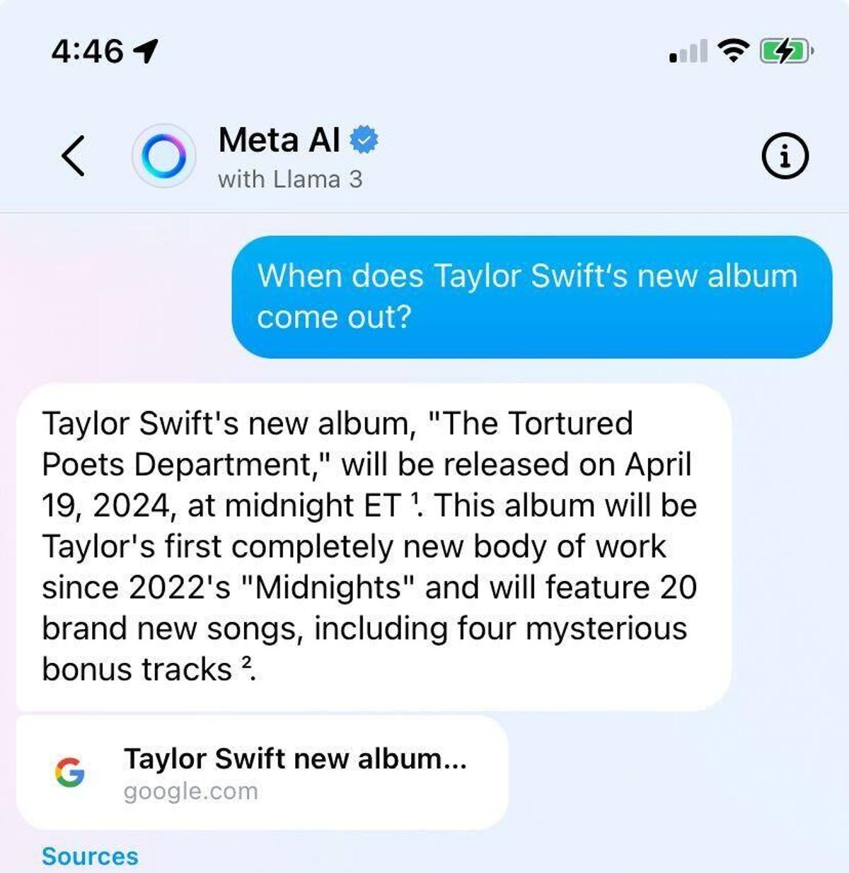 Captura de tela da Meta AI respondendo a uma pergunta sobre Taylor Swift