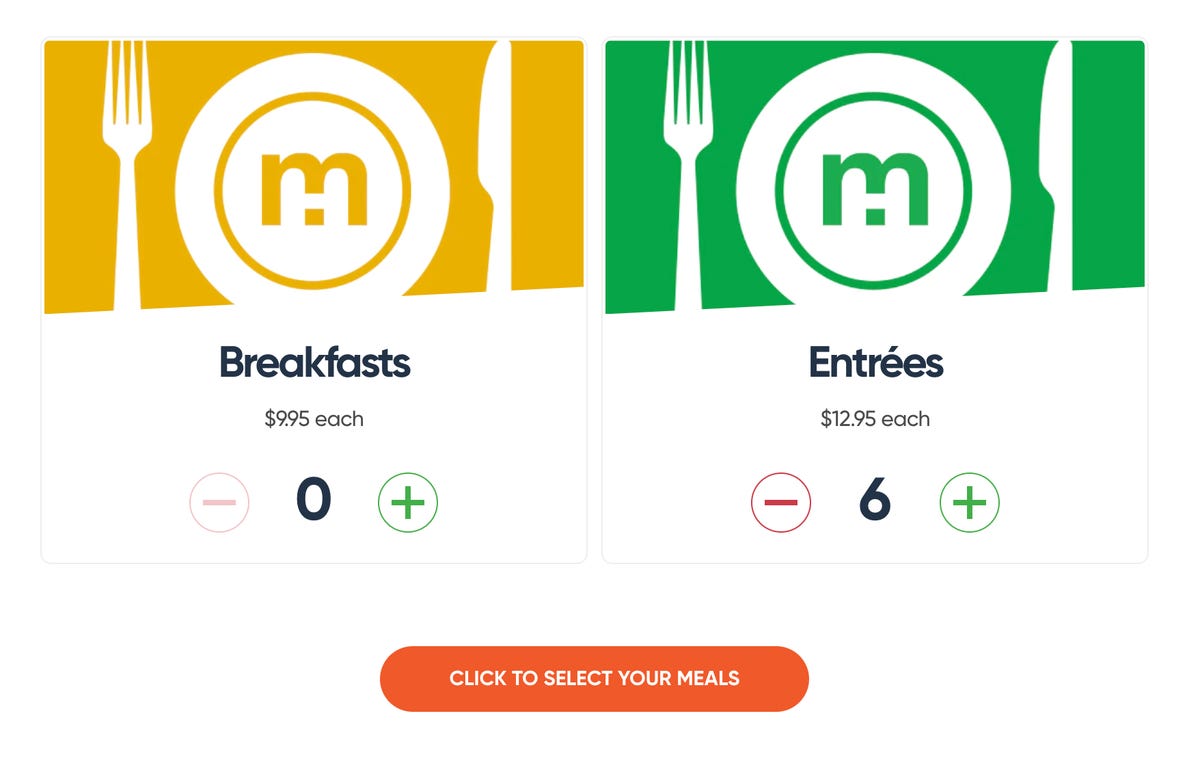 website screenshot for selecting number of meals