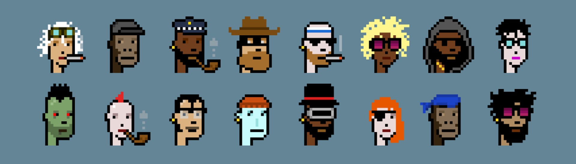 16 of the 10,000 pixelated CryptoPunk NFTs.
