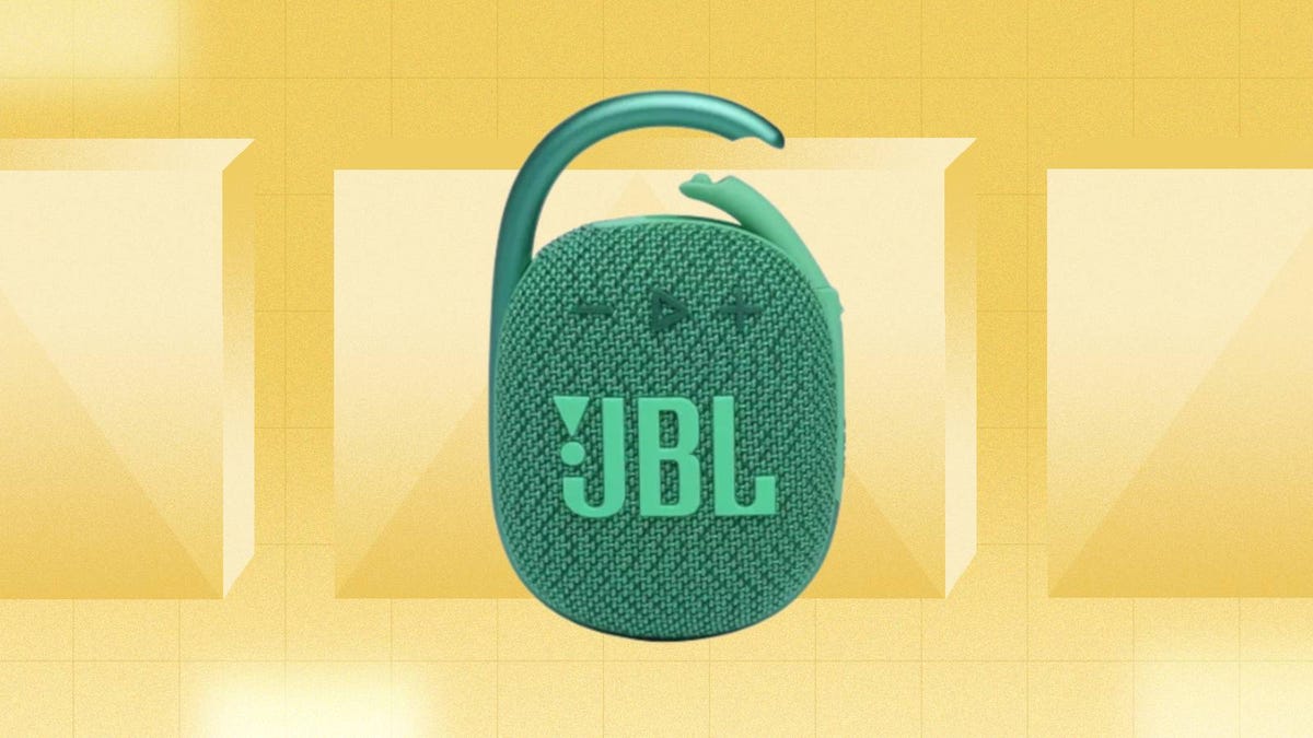 The JBL Clip 4 Eco speaker is displayed against a yellow background.