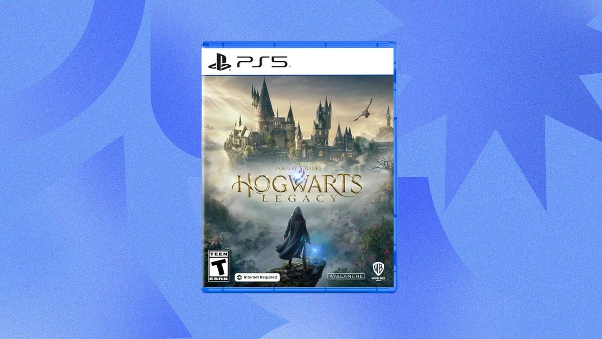hogwarts legacy Playstation 5 box on a blue background