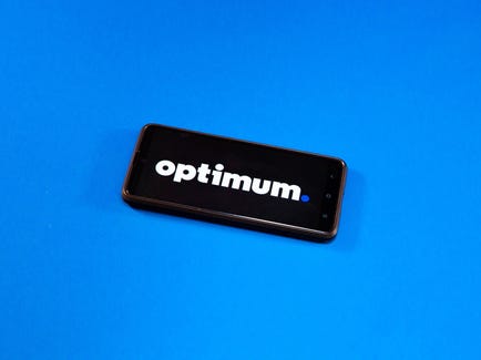 optimum logo on a phone screen with a blue background