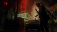 A man holds a gun and looks over his shoulder as he wanders a steam-choked, neon-lit noir-ish city.